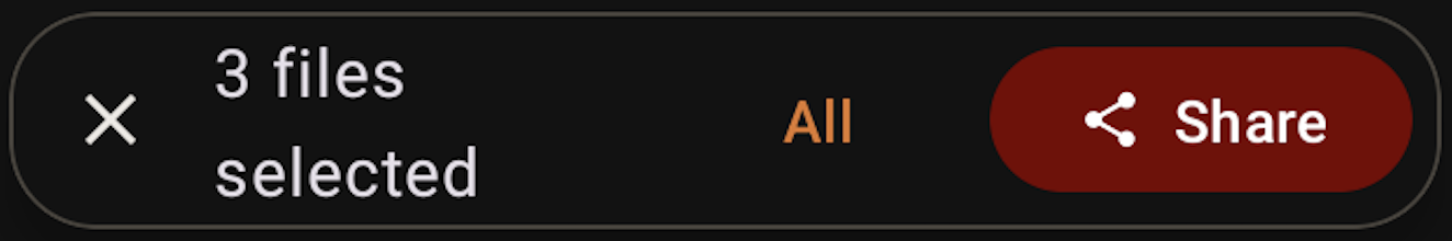 The selection bar: a close button, "3 files selected", an All button and a Share button
