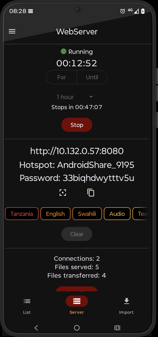 Screenshot of EmberShare Webserver on a Motorola phone